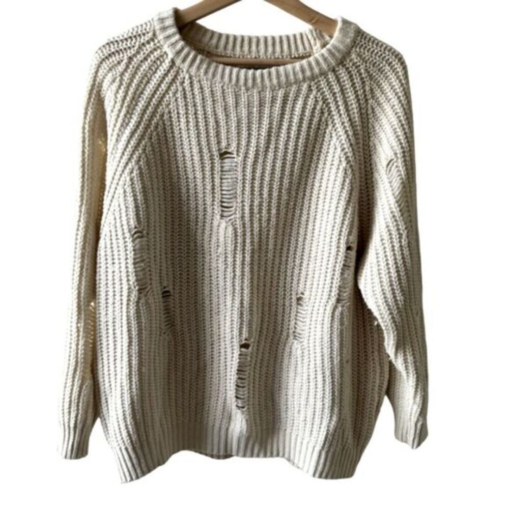 Bishop + Young Cream Distressed Crew Neck Sweater Small Light Academia Preppy